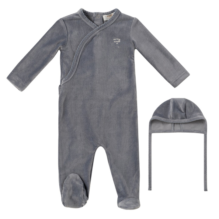 set footie velour rib wrap with bonnet and blanket - blue