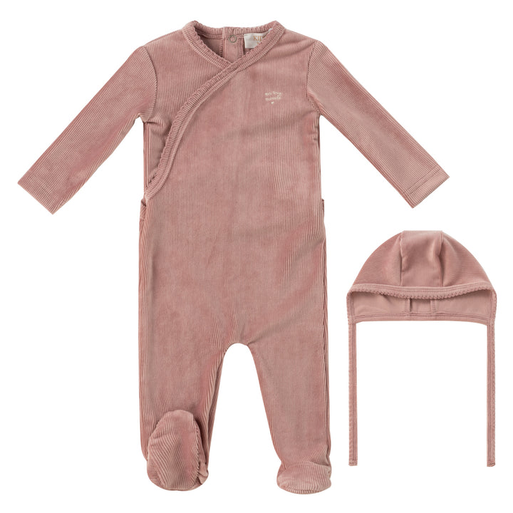 set footie velour rib wrap with bonnet and blanket - pink