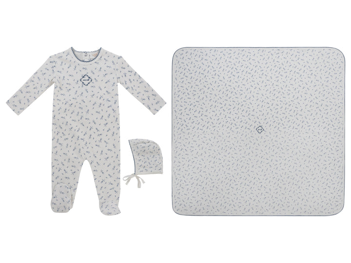 set footie tulip printed with bonnet and blanket - blue