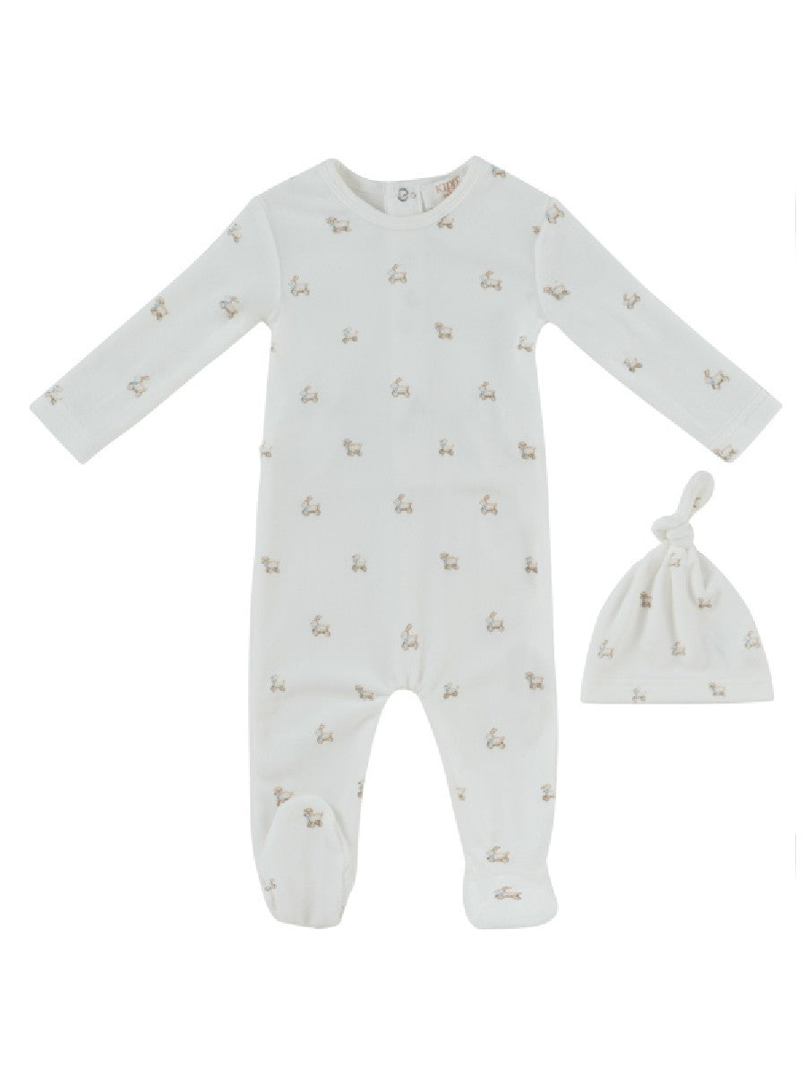 footie velour bunny print with beanie - blue