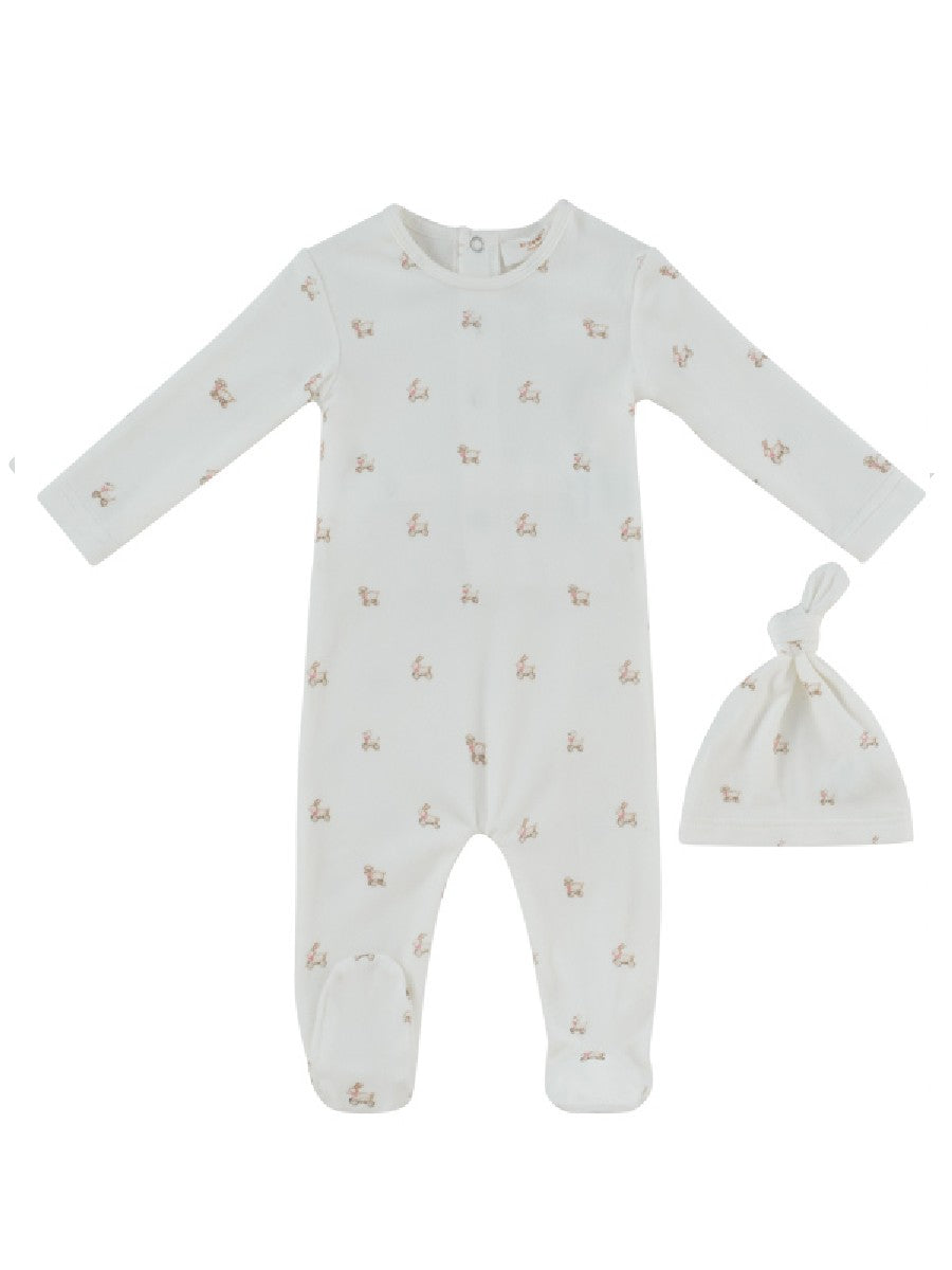footie velour bunny print with beanie - pink