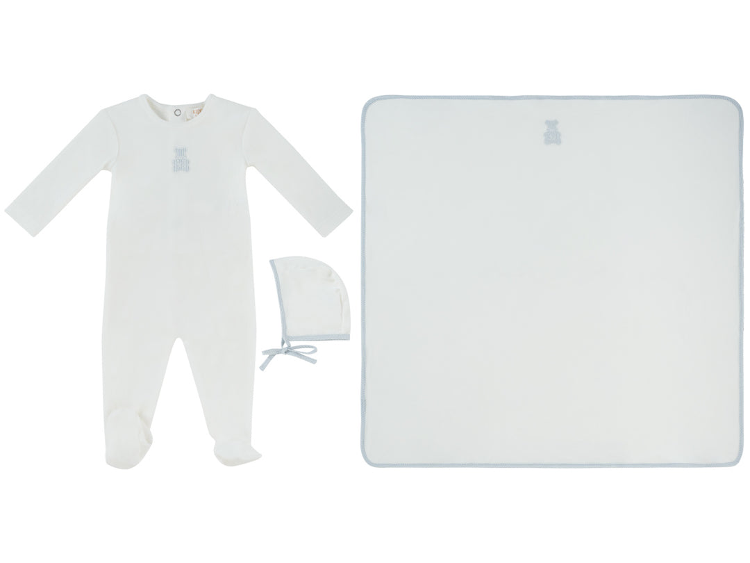 set footie velour stripe bear with bonnet and blanket - white/blue