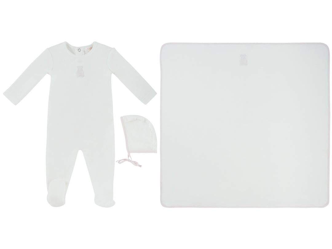 set footie velour stripe bear with bonnet and blanket - white/pink