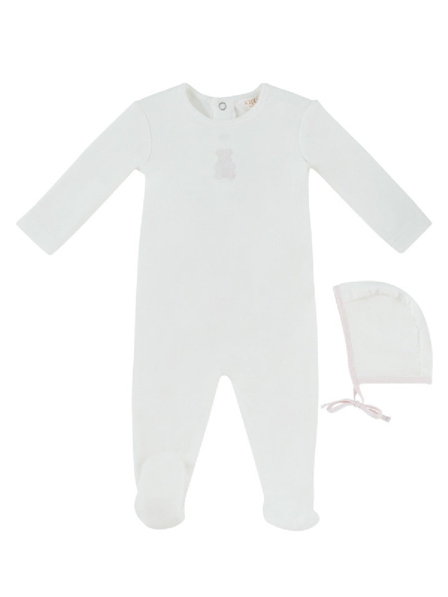 footie velour stripe bear with bonnet - white/pink