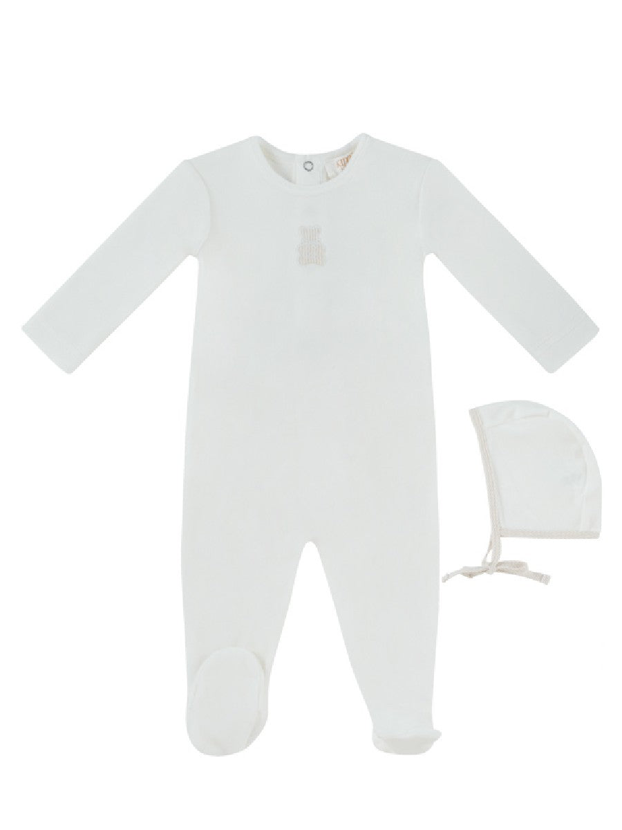footie velour stripe bear with bonnet - white/stone