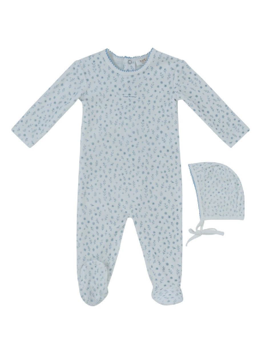footie velour printed with bonnet - dark blue