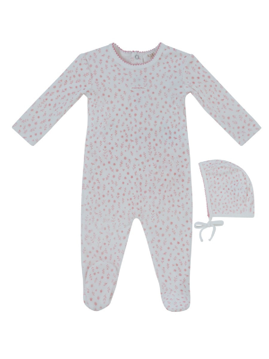 footie velour printed with bonnet - pink