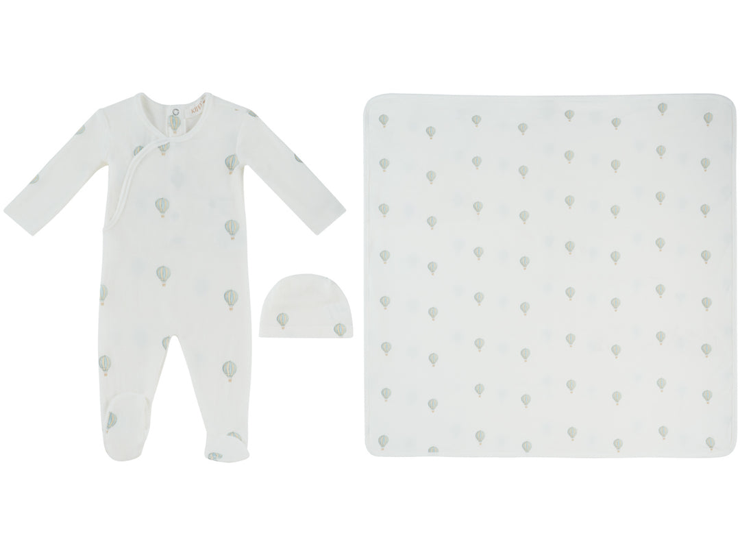 set footie velour hot air balloon with beanie and blanket - blue