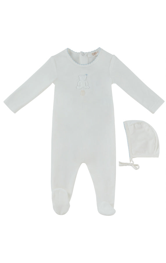 footie velour sherpa bear with bonnet - white/blue