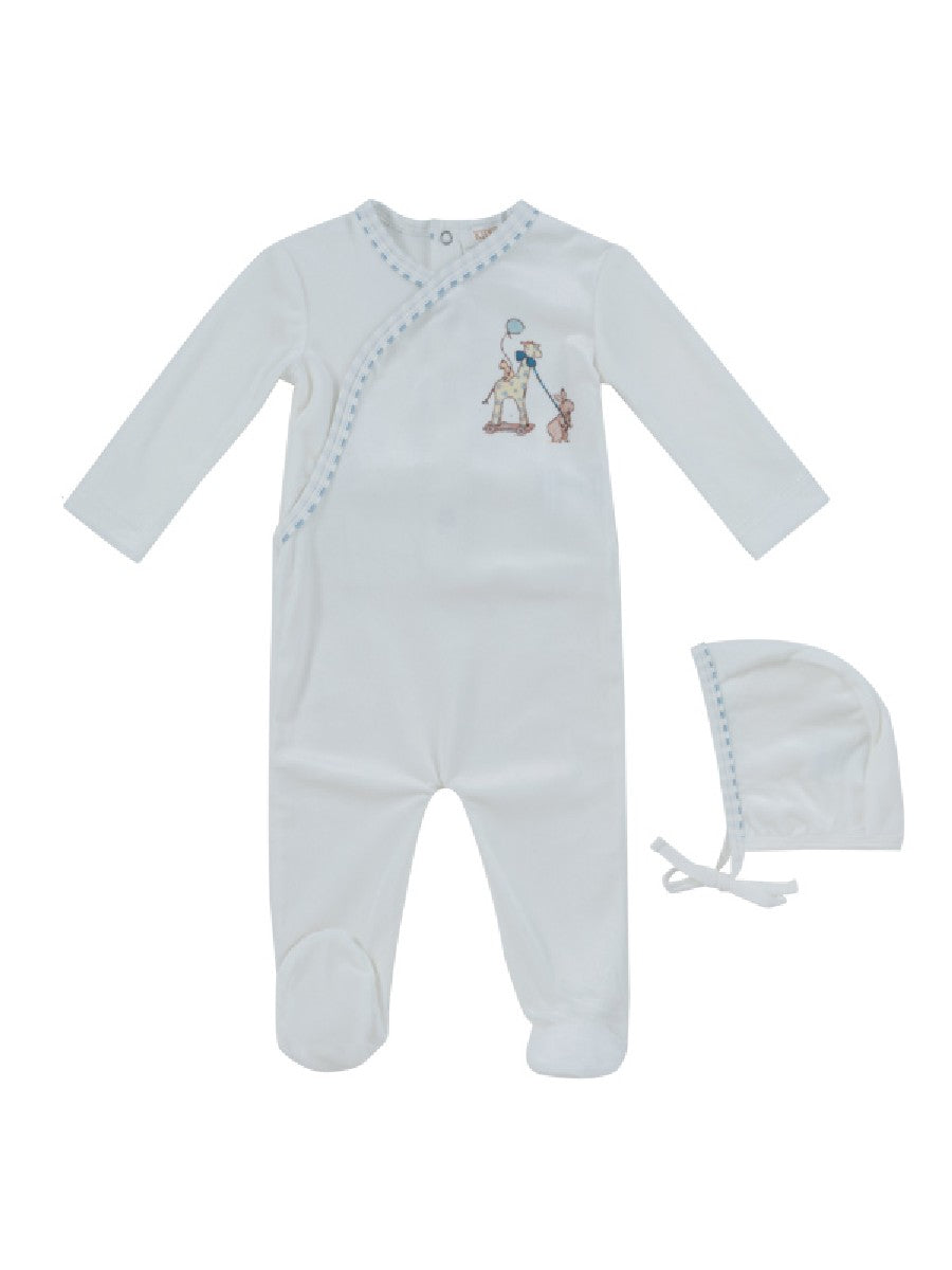footie velour giraffe print with bonnet - white/blue