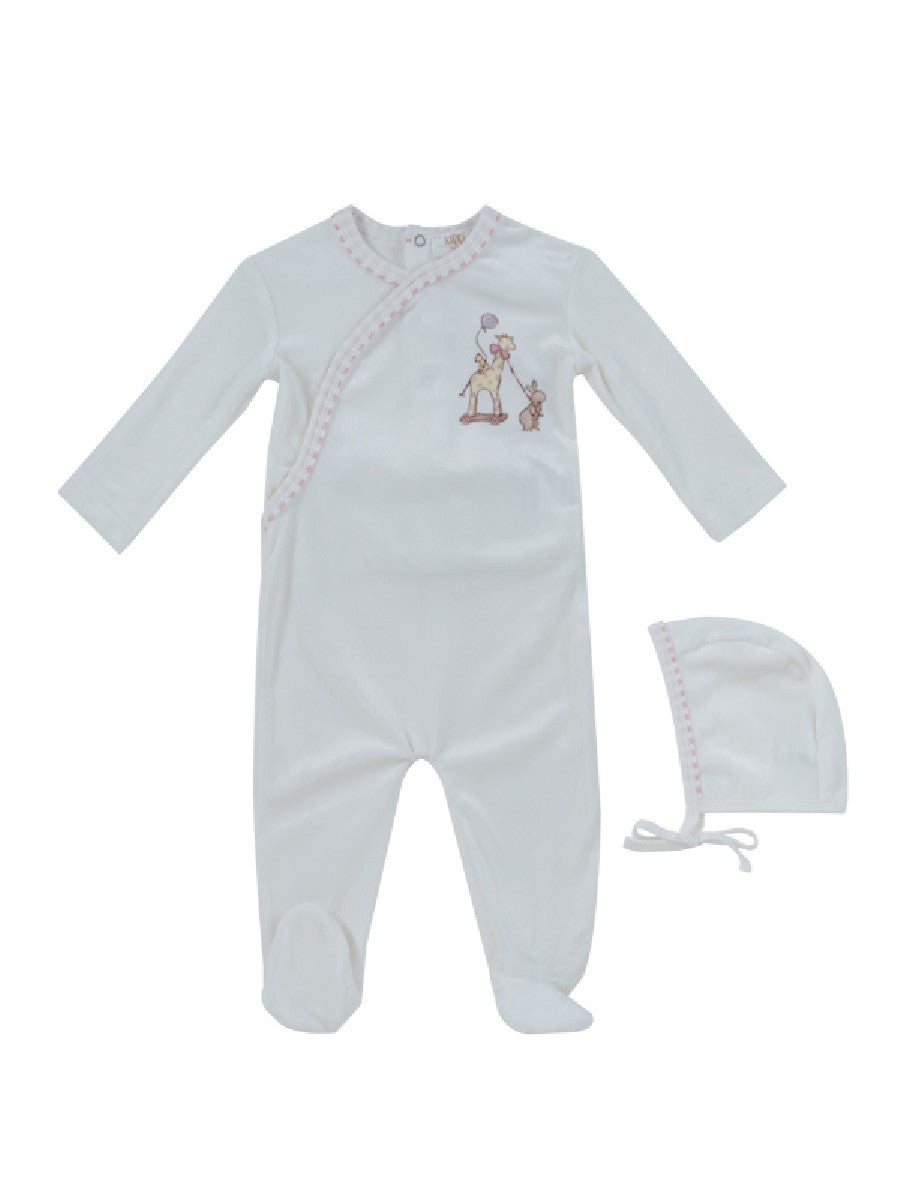 footie velour giraffe print with bonnet - white/pink