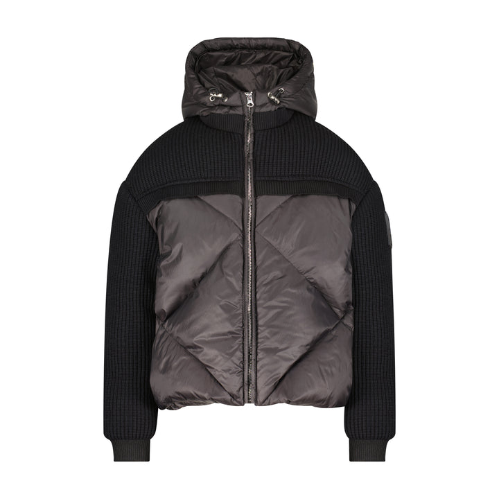 coat knitted detail puffer with hood - black