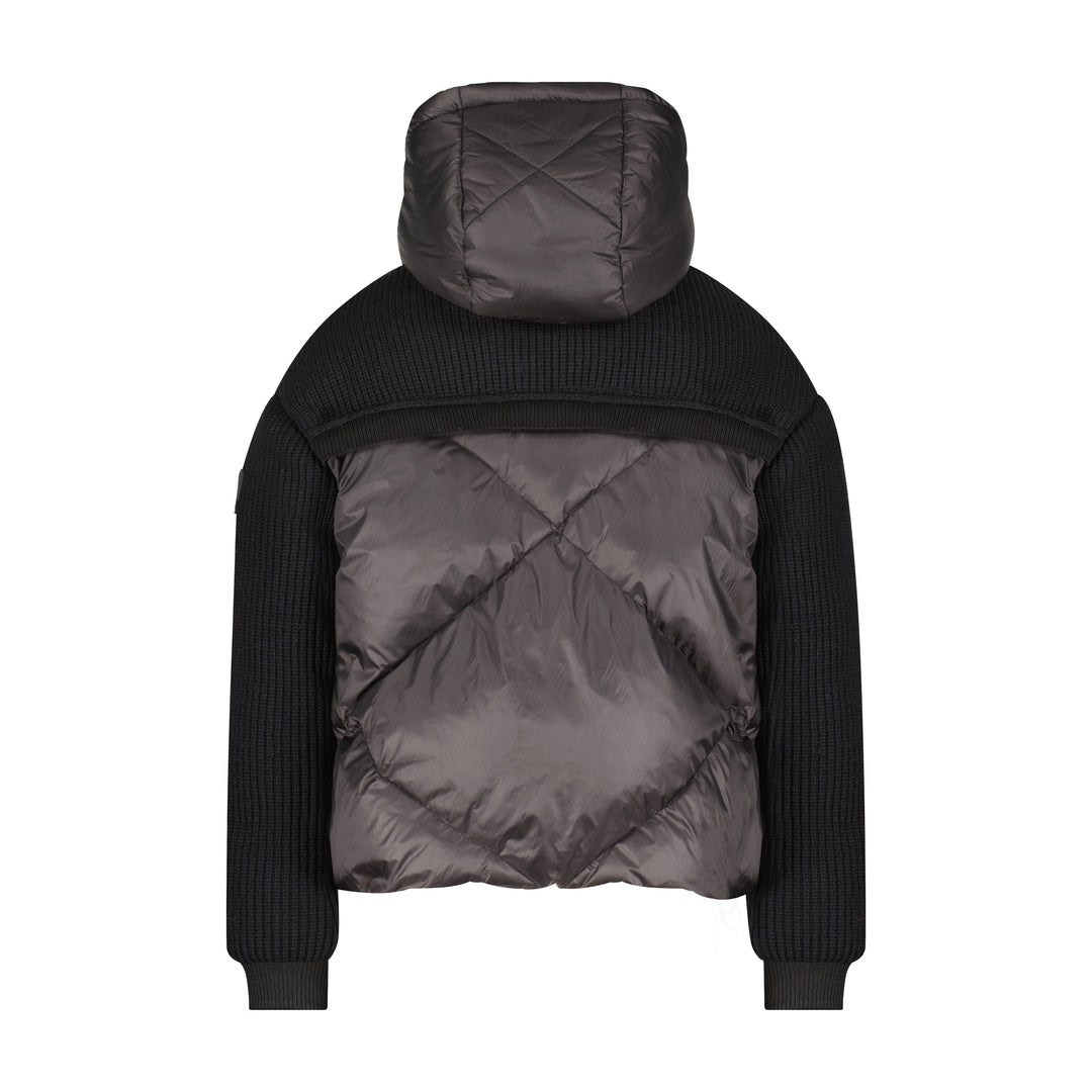 coat knitted detail puffer with hood - black