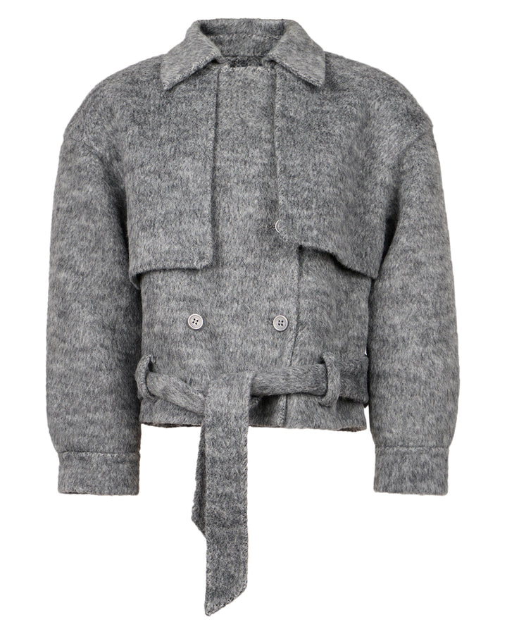 coat cropped wool double breasted trench style - grey