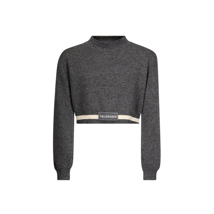 top l/s cropped logo stripe sweater - grey