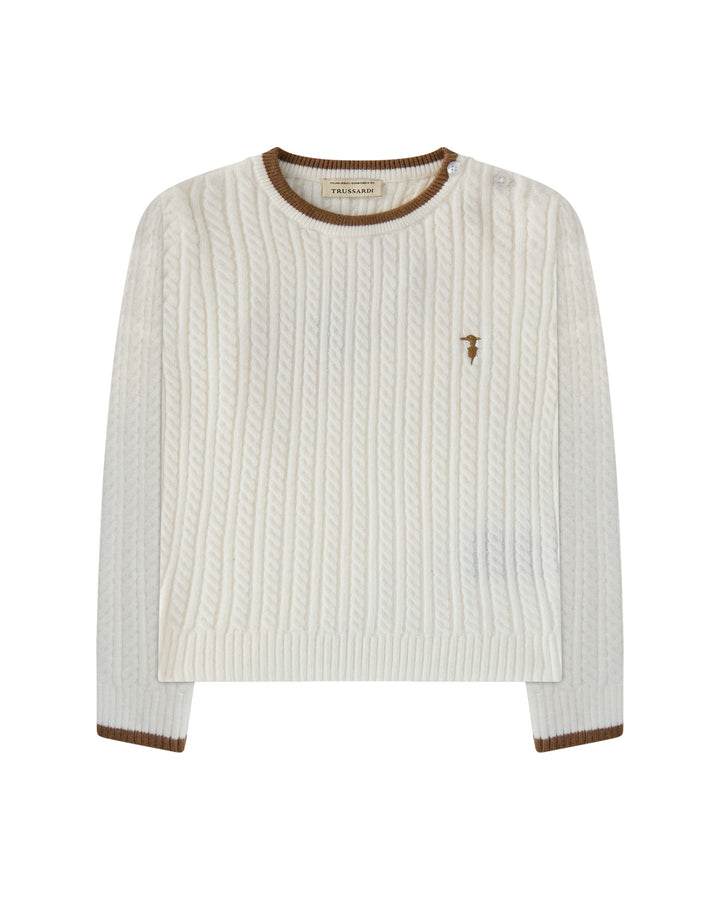 top l/s thin cable knit sweater - off white/camel