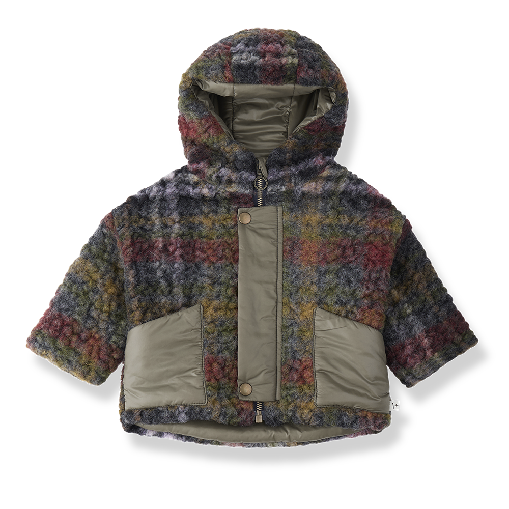 coat padded wool plaid with hood - blue