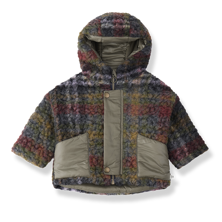 coat padded wool plaid with hood - blue