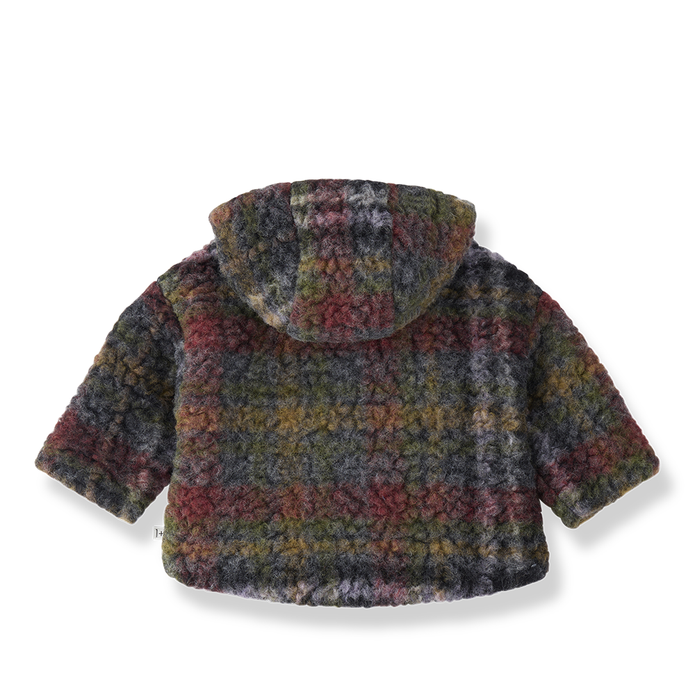 coat padded wool plaid with hood - blue