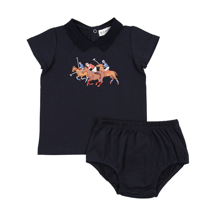 set outfit embroidered horse racers top and bloomers - navy