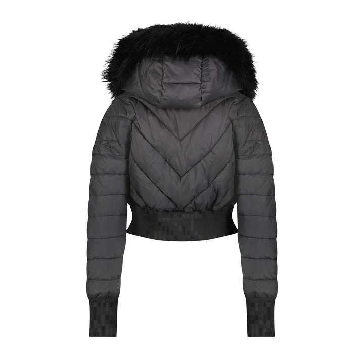 coat bomber crop with fur seashell - black