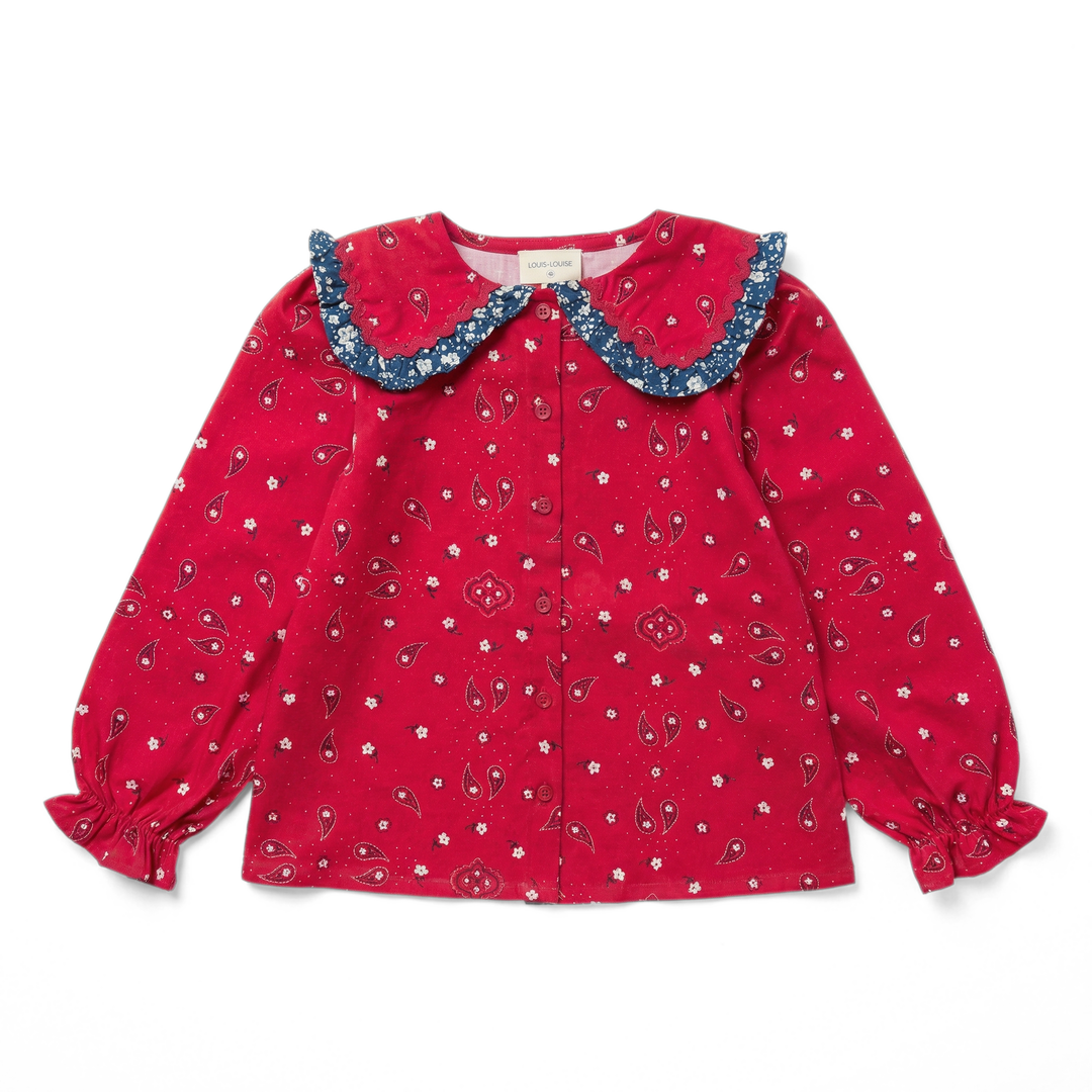 shirt l/s twill paisley print with ruffled collar - red