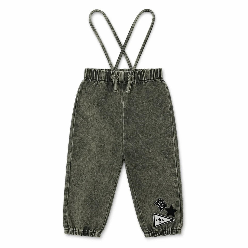 one piece denim patch long overalls - green wash
