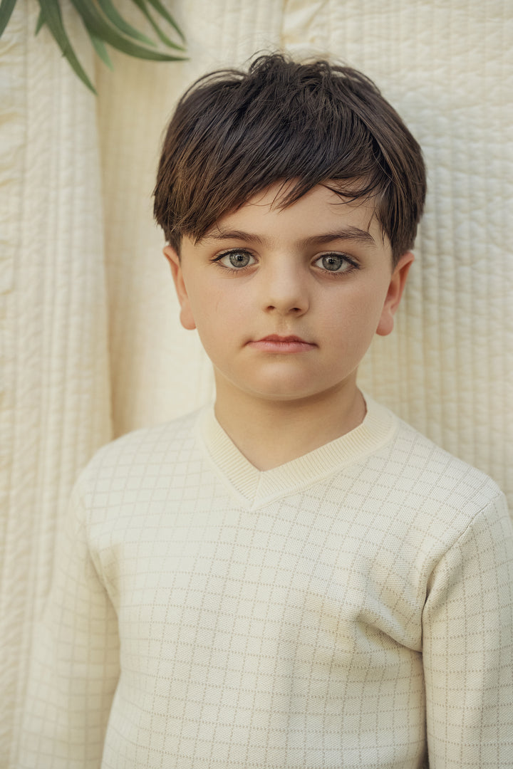 top l/s micro checkered knit sweater - sand-305