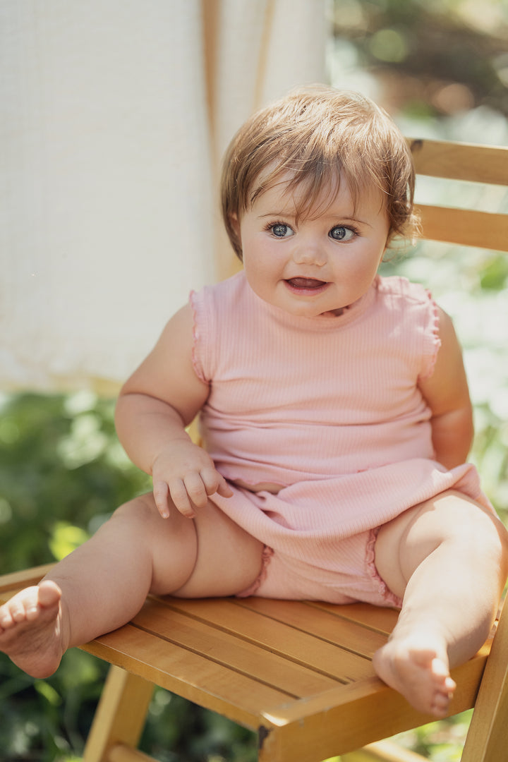 set outfit scalloped edge ribbed tank and bloomer - blush-502