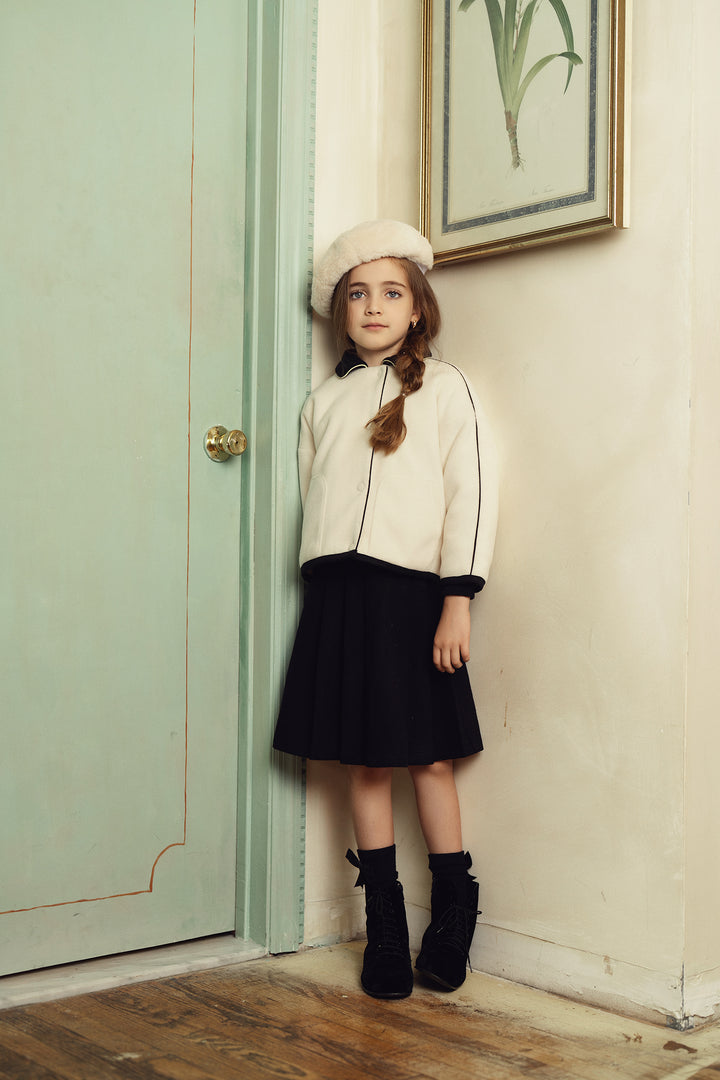 jacket wool color trim cropped with collar - cream