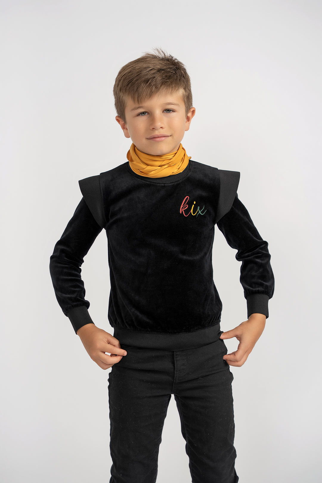 top l/s rib edge velour logo sweatshirt - black