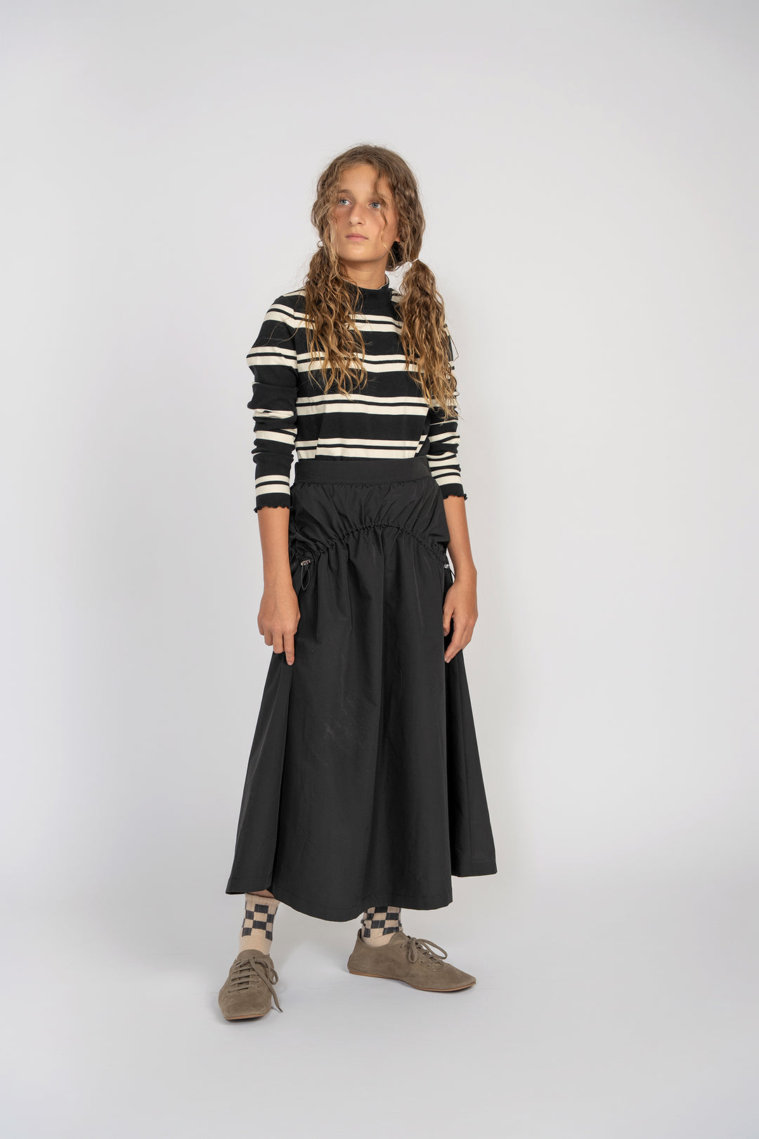skirt midi drawstring bubble hem - black