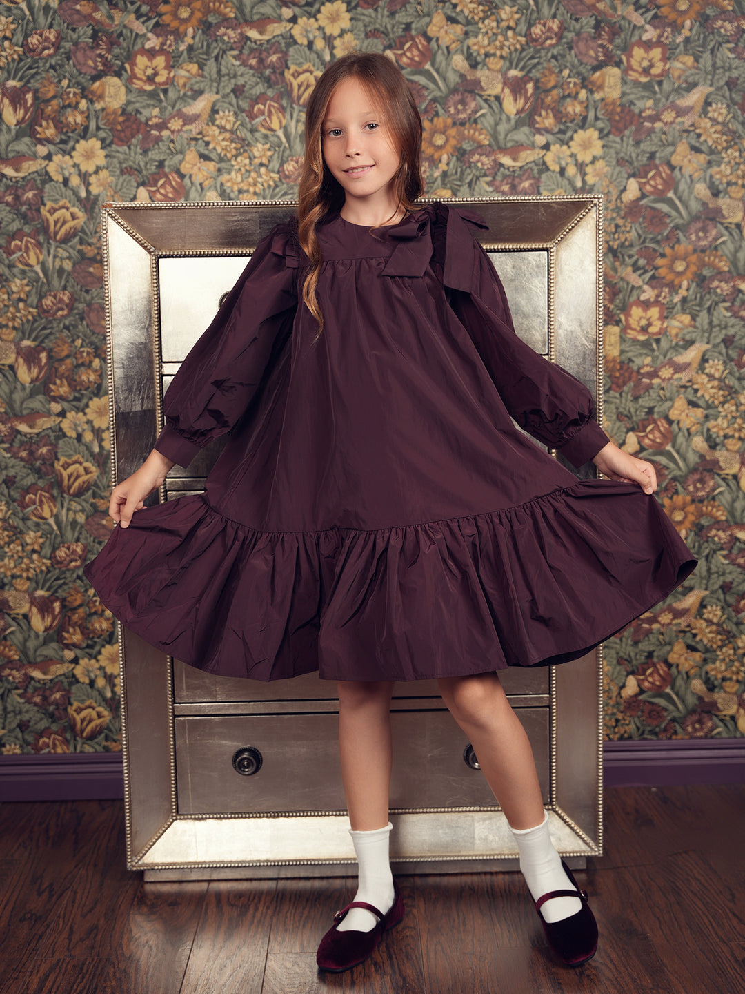 dress taffeta tiered hem with shoulder tie - plum
