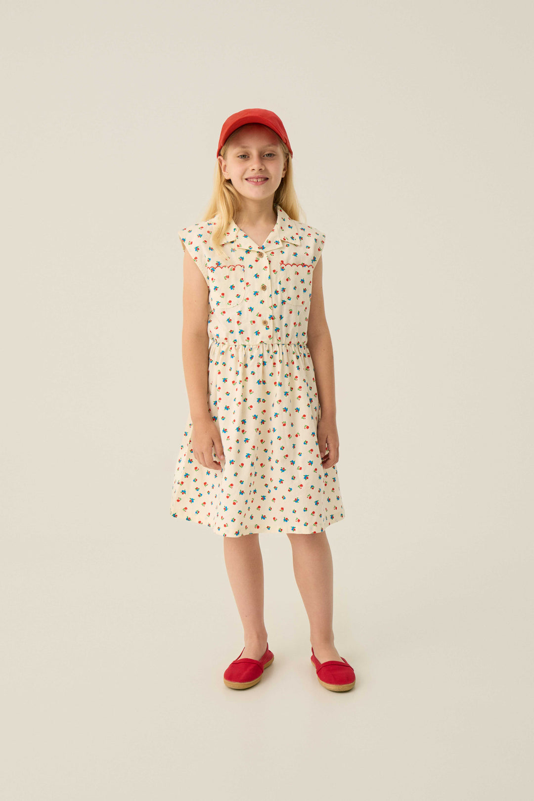 dress sleeveless floral print waisted - ecru