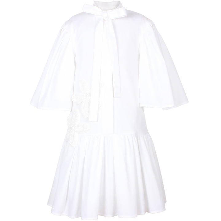 dress flutter beaded applique with neck tie - white-100