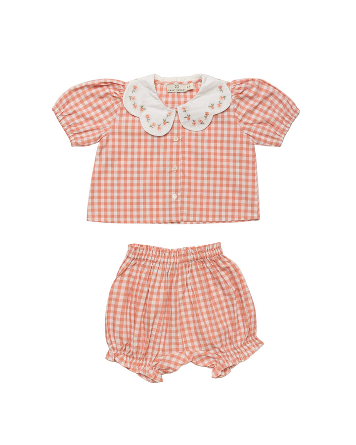 set outfit gingham scallop collar shirt and shorts - peony