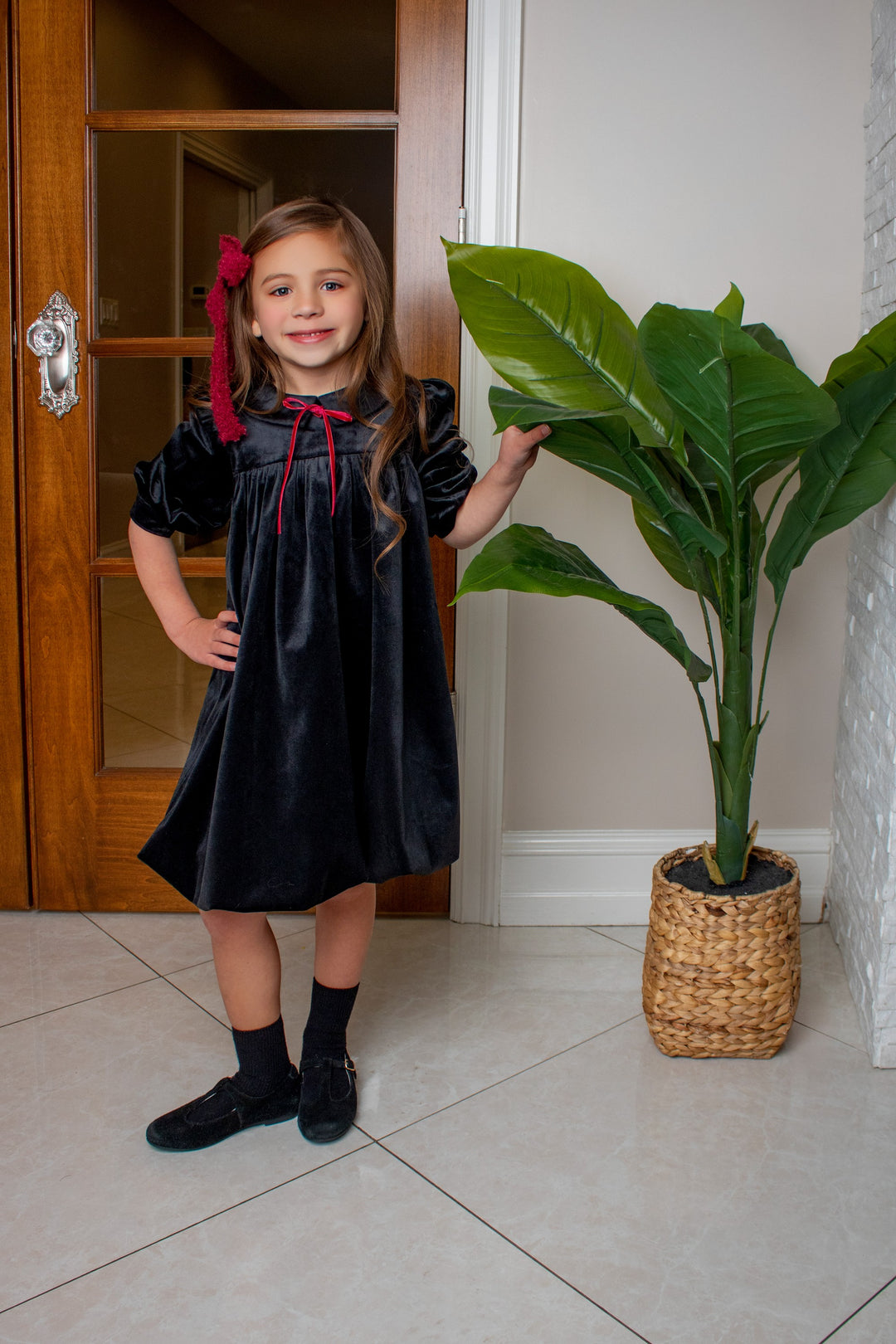 dress high waisted velvet ribbon with collar - black