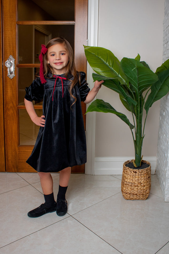 dress high waisted velvet ribbon with collar - black