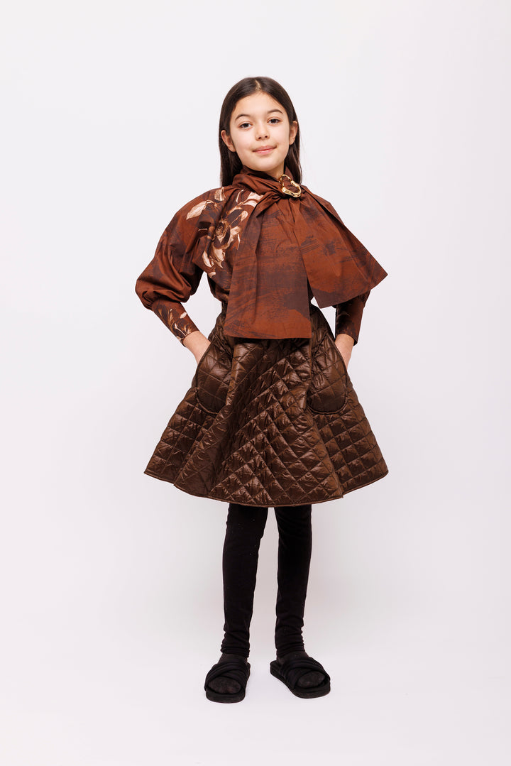 shirt l/s floral print neck tie - brown floral-125