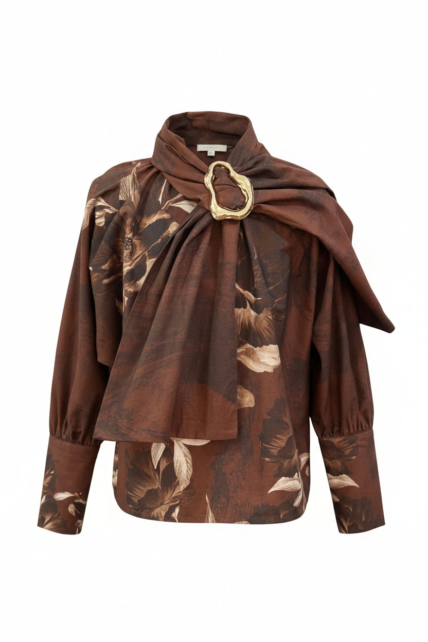 shirt l/s floral print neck tie - brown floral-125