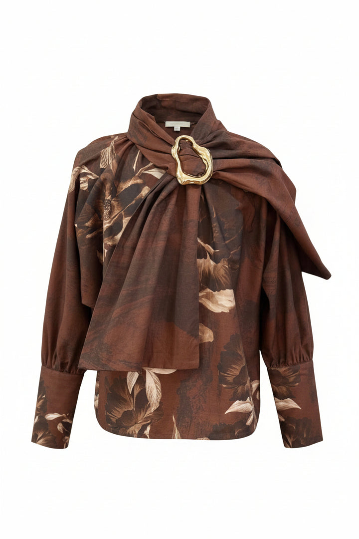 shirt l/s floral print neck tie - brown floral-125