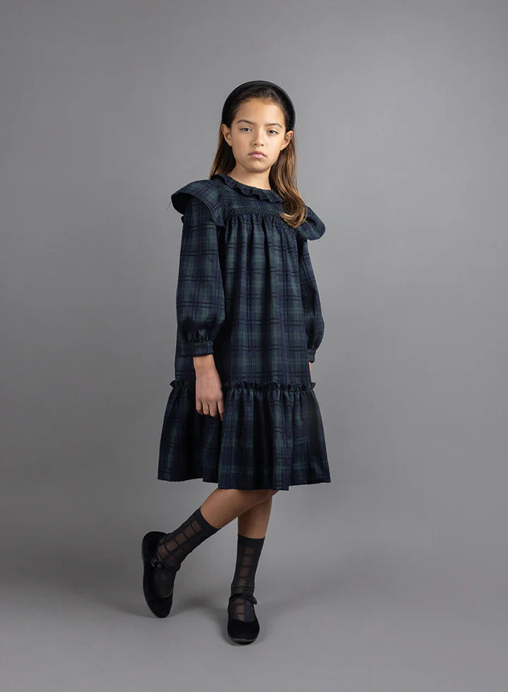 dress plaid frill sleeve with lace detail - navy