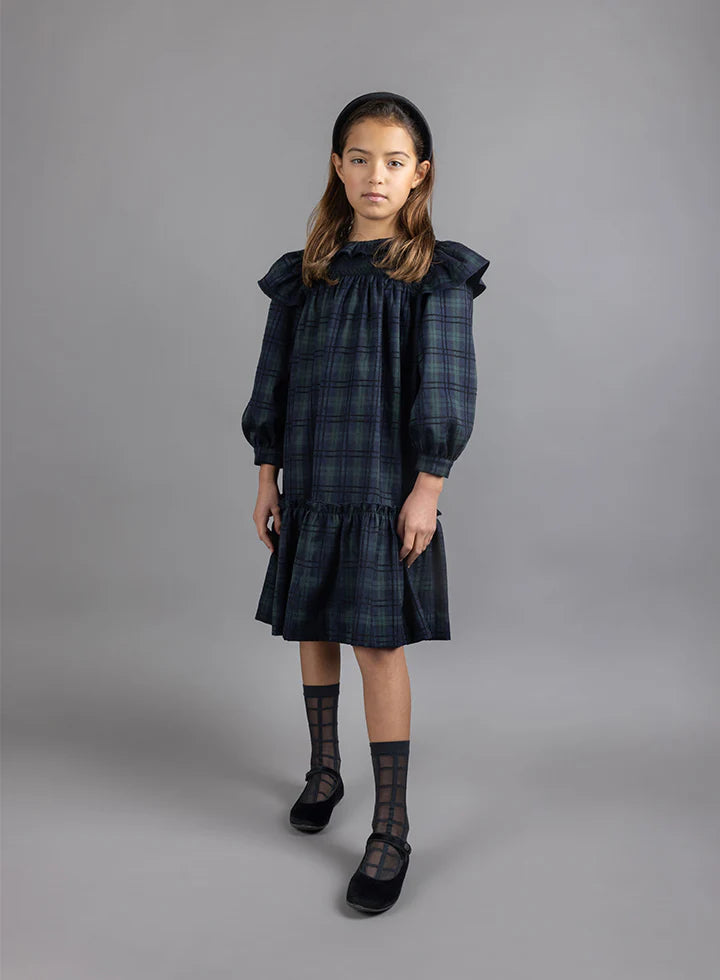 dress plaid frill sleeve with lace detail - navy