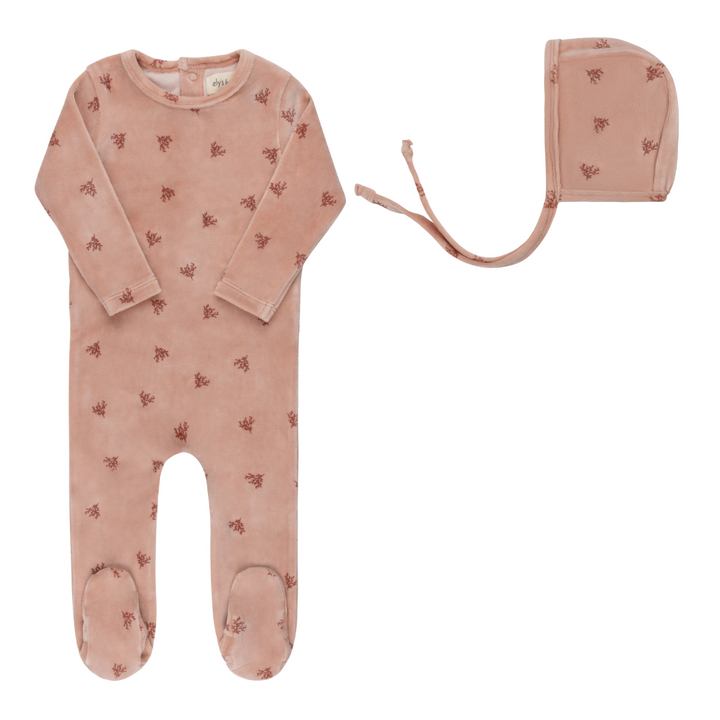 footie velour leaf print with beanie - pink