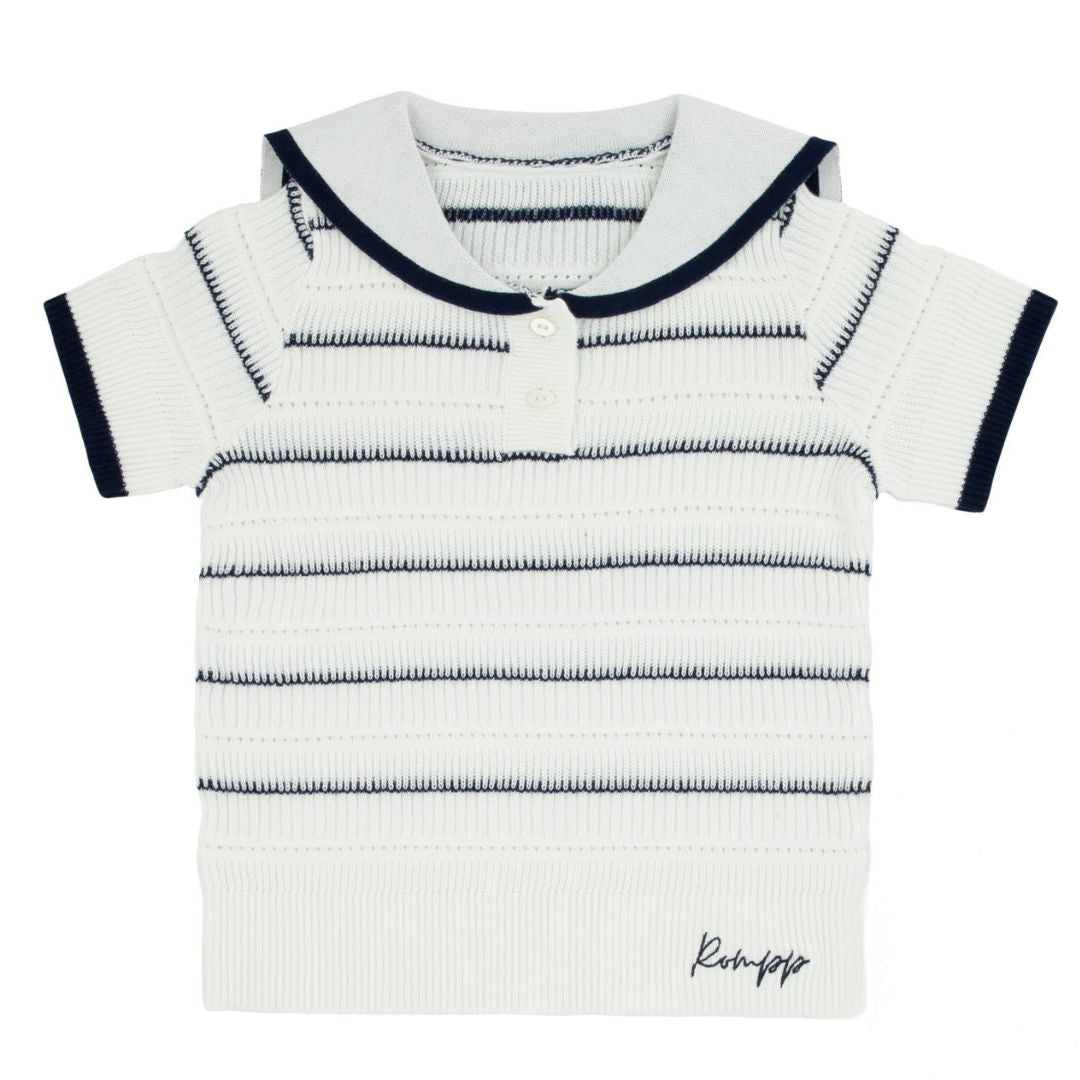 top s/s striped knit sailor sweater - white/navy
