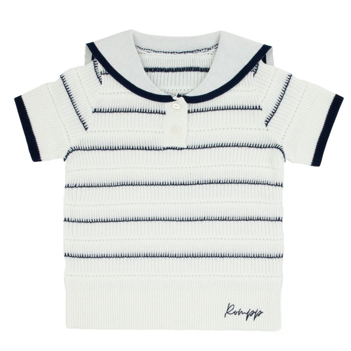 top s/s striped knit sailor sweater - white/navy