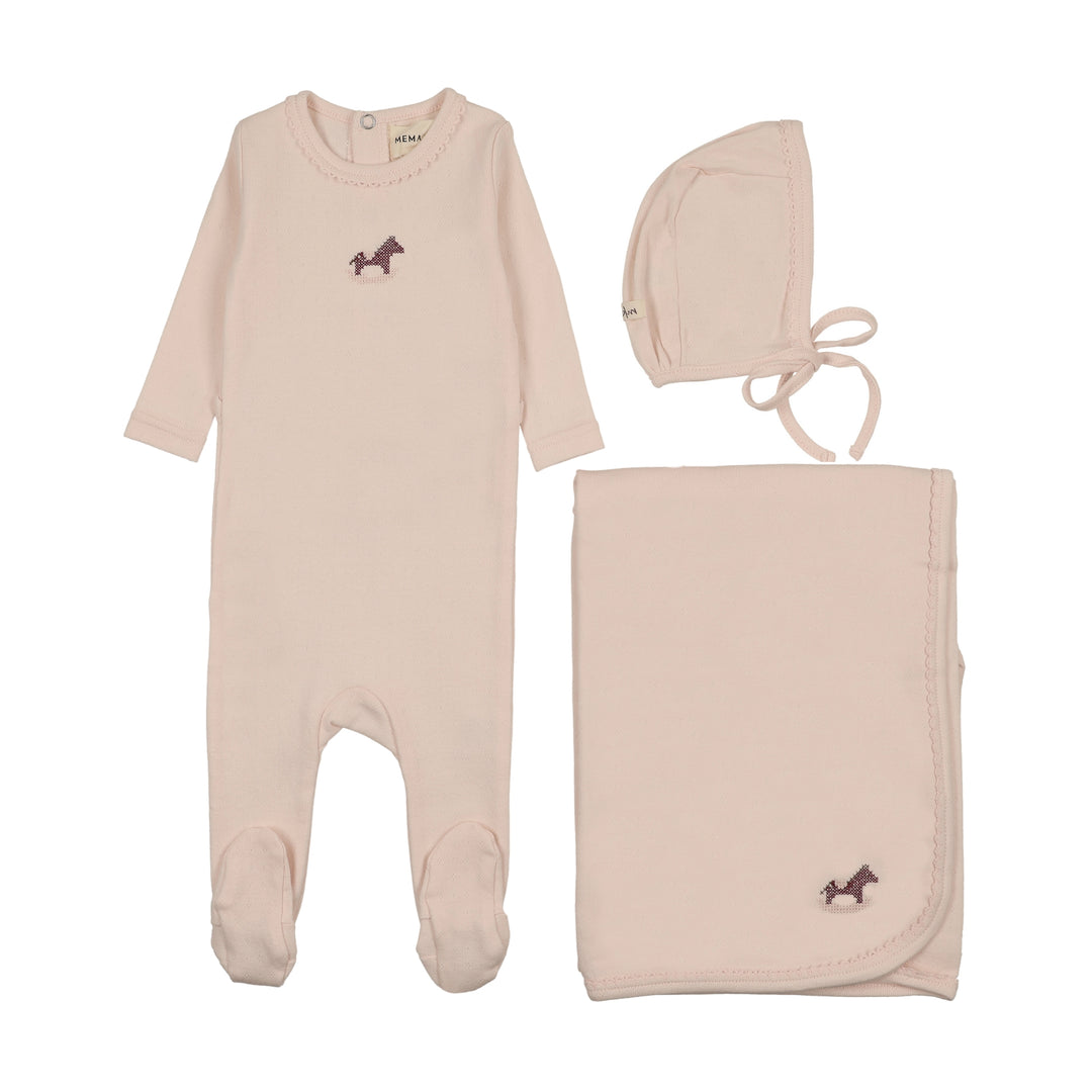 set footie pointelle cross stitch rocking horse with bonnet and blanket - baby blush
