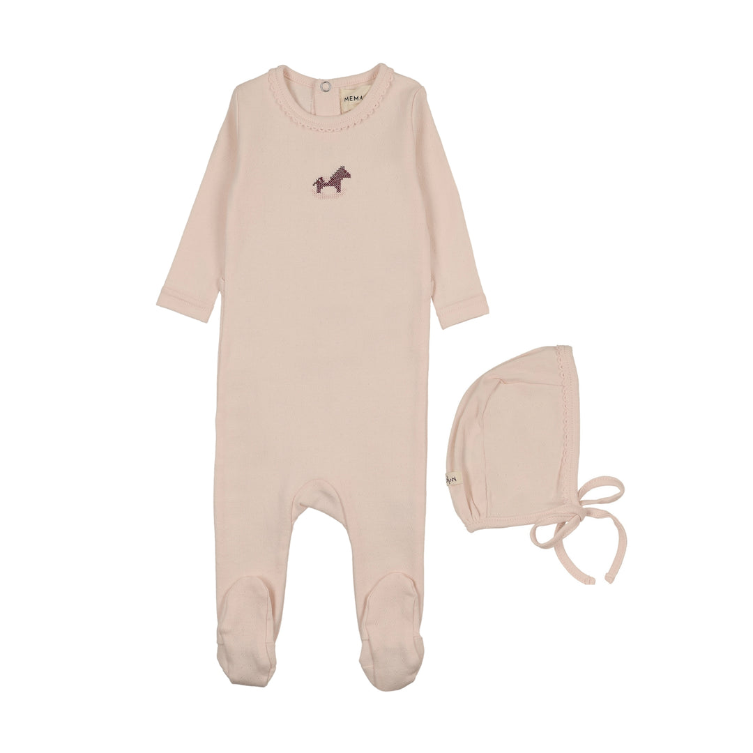 footie pointelle cross stitch rocking horse with bonnet - baby blush