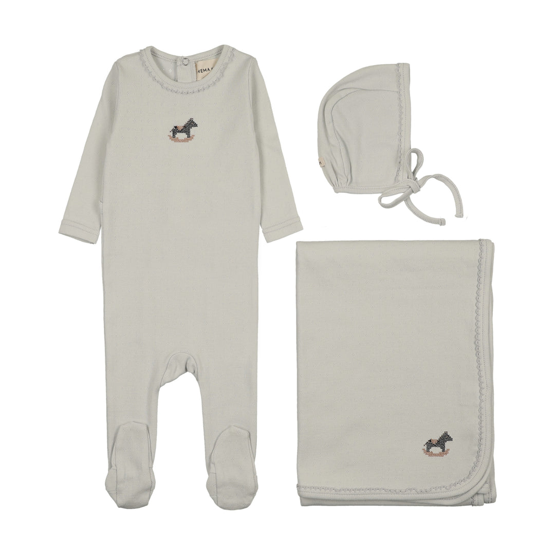 set footie pointelle cross stitch rocking horse with bonnet and blanket - grey dawn