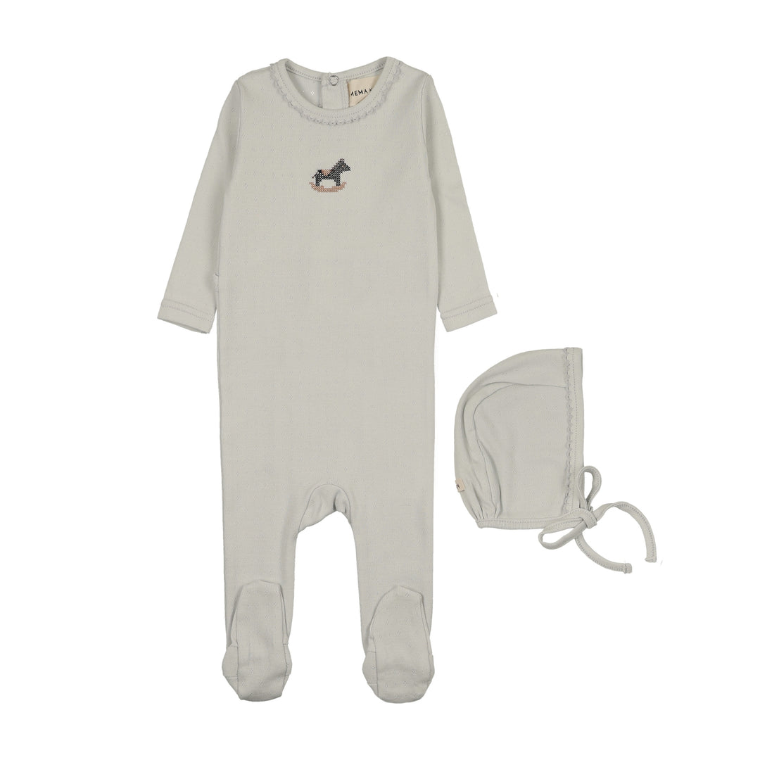 footie pointelle cross stitch rocking horse with bonnet - grey dawn
